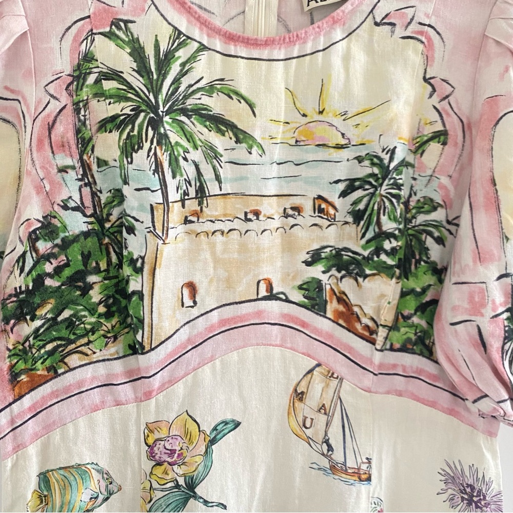 Alemais | Cream Midi Dress with Pastel Pink Trim and Tropical Print - sz 6 (us) - Picture 6 of 11